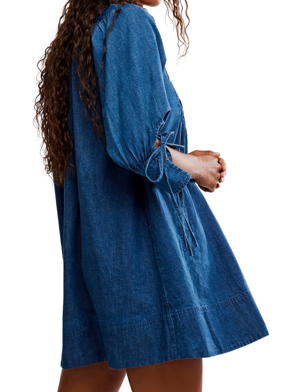 Free People Blue Denim Babydoll Mini Dress Square Neck Smocked Boho Cottagecore - Picture 4 of 13